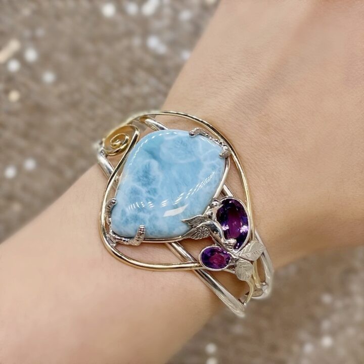 Larimar and Amethyst with Hummingbird and Leaves Bracelet