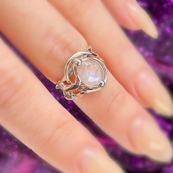 Rainbow Moonstone Hummingbird Ring