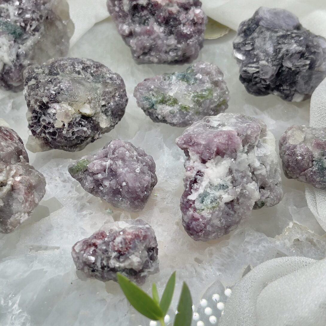 Natural Lepidolite Crystal with Albite and Green Tourmaline