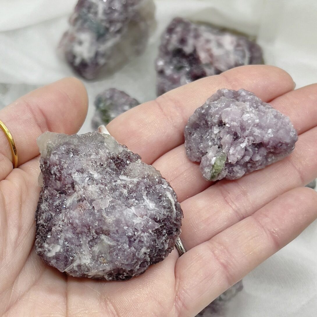 Natural Lepidolite Crystal with Albite and Green Tourmaline