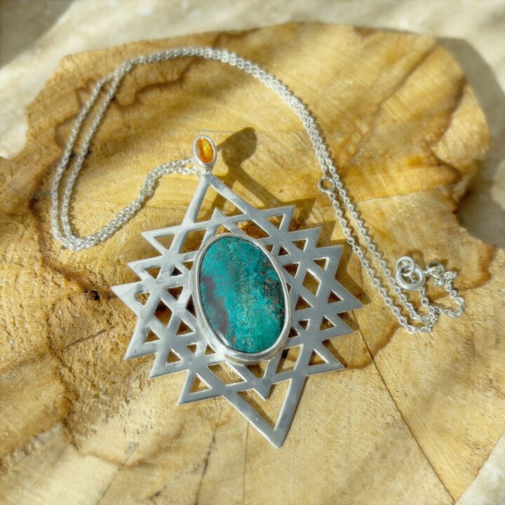 Shattuckite with Orange Sapphire Sri Yantra Pendant