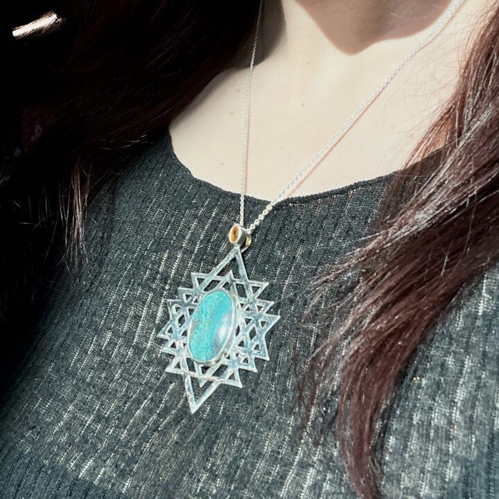 Shattuckite with Orange Sapphire Sri Yantra Pendant