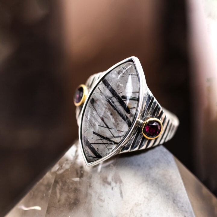 Tourmalinated Quartz and Garnet Ring