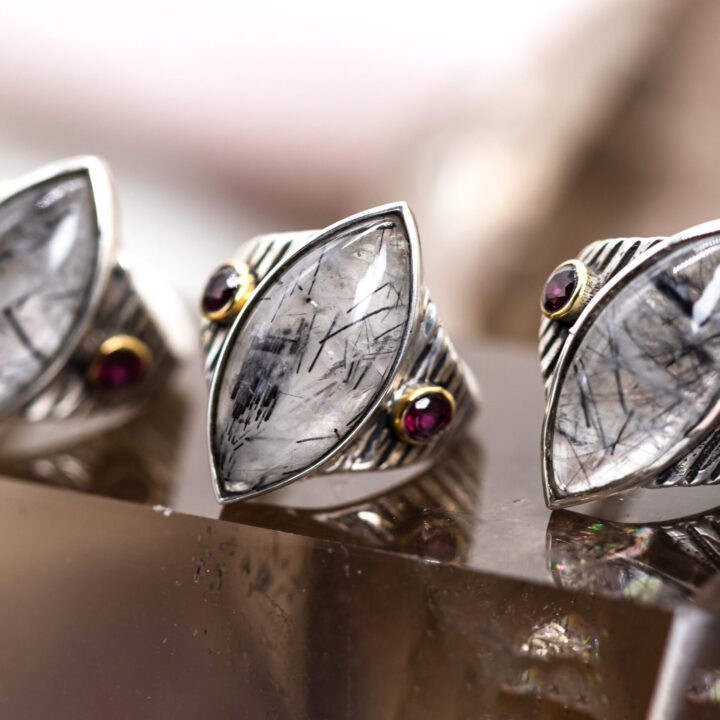 Tourmalinated Quartz and Garnet Ring