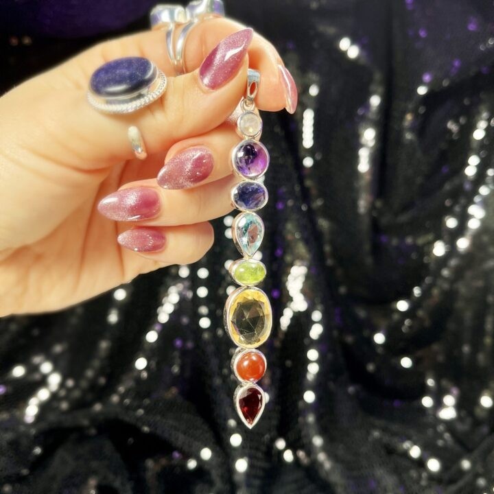 Rainbow Moonstone, Amethyst, Iolite, Blue Topaz, Peridot, Citrine, Carnelian, and Garnet Vertical Chakra Pendant