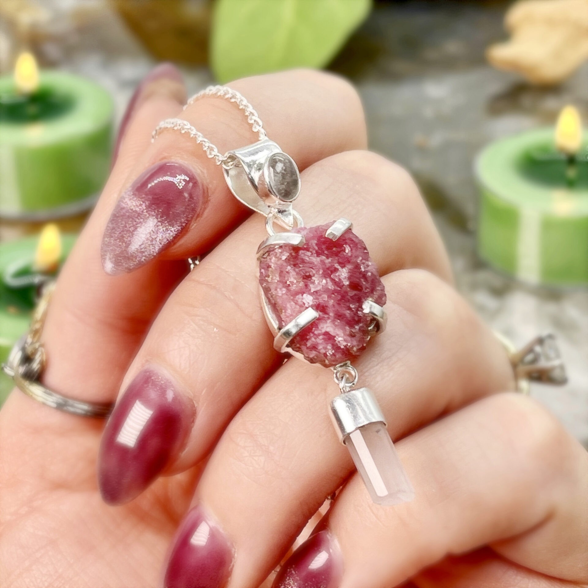 Drop Pendant with Rose Quartz Crystal Sage Goddess