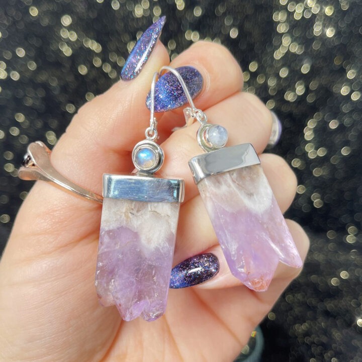 Gemstone Sale: Dream Amethyst with Prasiolite and Rainbow Moonstone Earrings