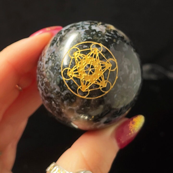 Metatrons Cube Engraved Indigo Gabbro Sphere 1of2