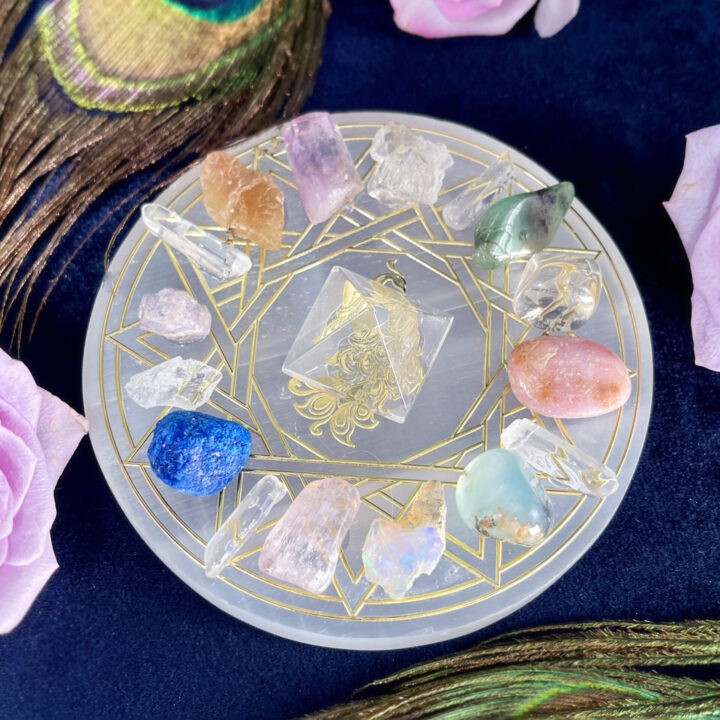 Anniversary Peacock Dodecagram Selenite Plate with Gemstone Grid