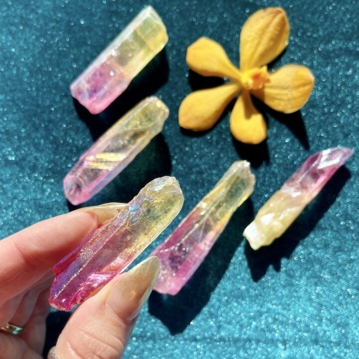 Yellow and Purple Aura Quartz Point