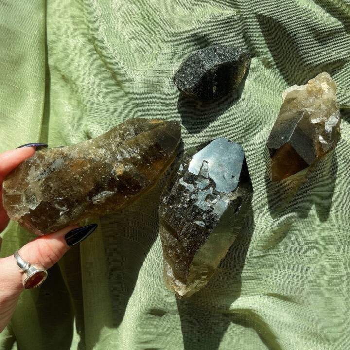 Etched Smoky Quartz with Cacoxenite Point