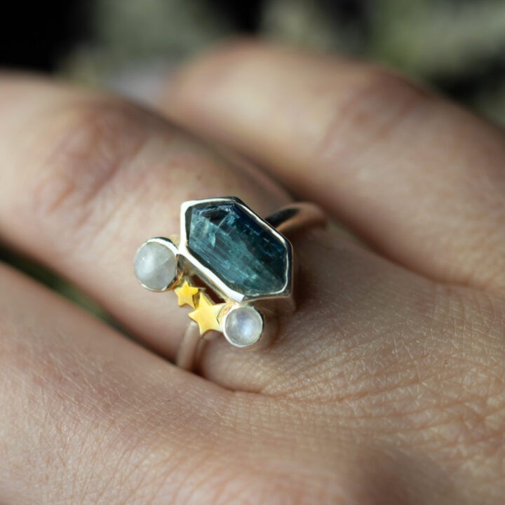 Ocean Kyanite & Rainbow Moonstone Star Ring