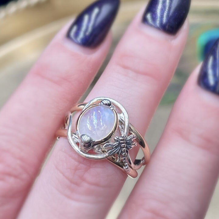 Rainbow Moonstone with Dragonfly Ring