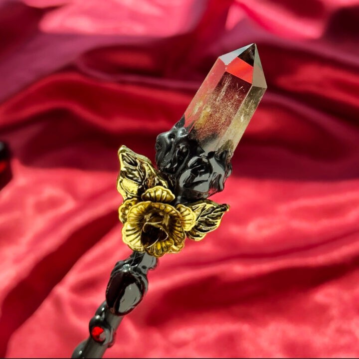 Persephones Wand with Smoky Quartz and Red Aura Quartz