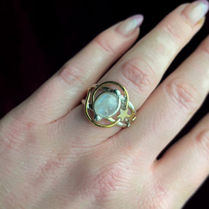 Rainbow Moonstone Ring with Stars