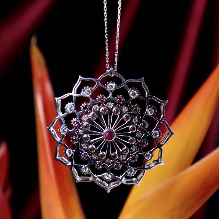 One With Love Ruby, Rhodolite Garnet & White Topaz Mandala Pendant