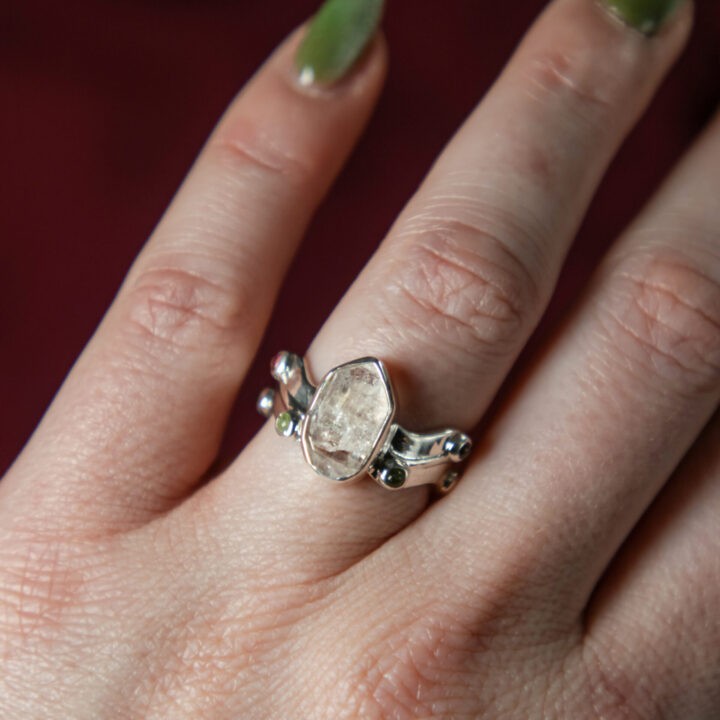 White Light Protection Herkimer Diamond and Tourmaline Ring