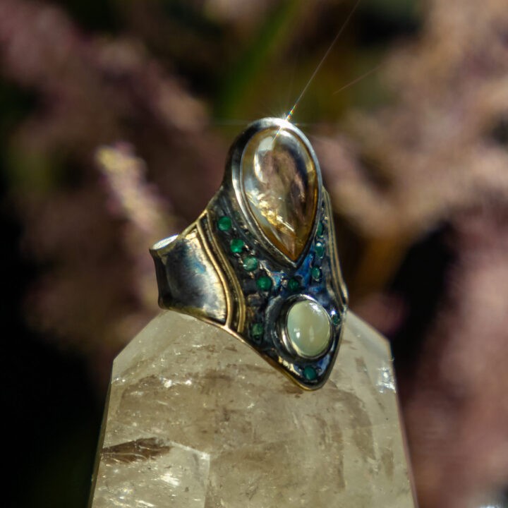 Priestess of Prosperity Citrine, Prehnite & Emerald Ring