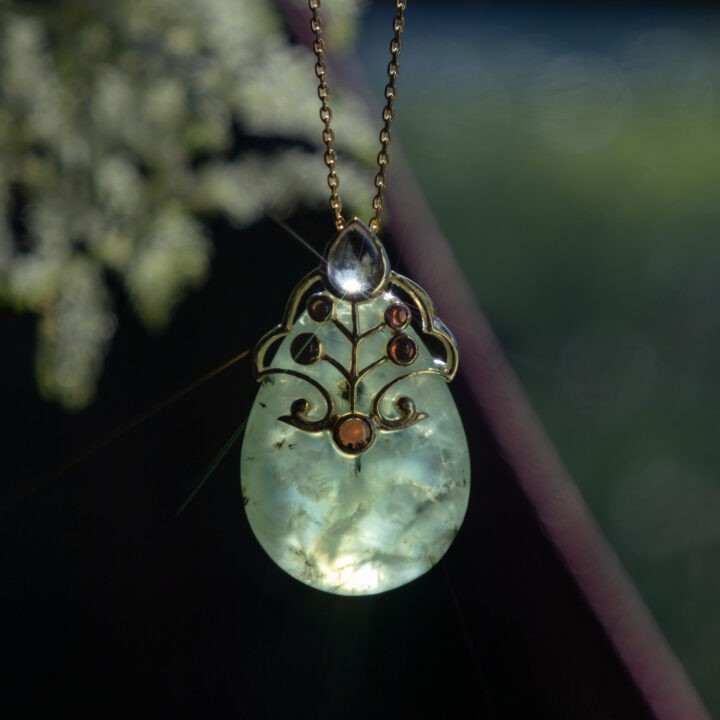 Prehnite with Epidote, Amethyst & Almandine Garnet Pendant