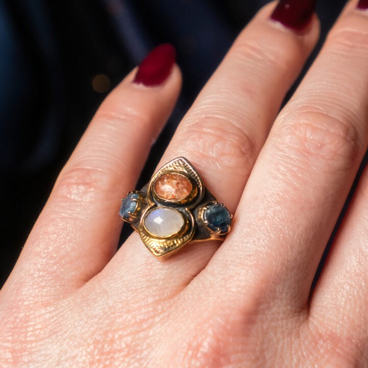 Sunstone, Rainbow Moonstone & Blue Kyanite Ring