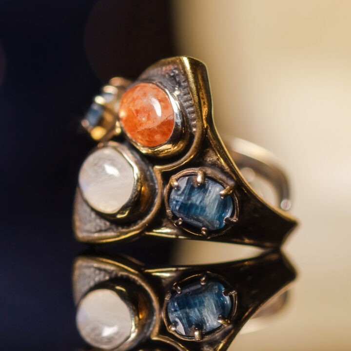 Sunstone, Rainbow Moonstone & Blue Kyanite Ring