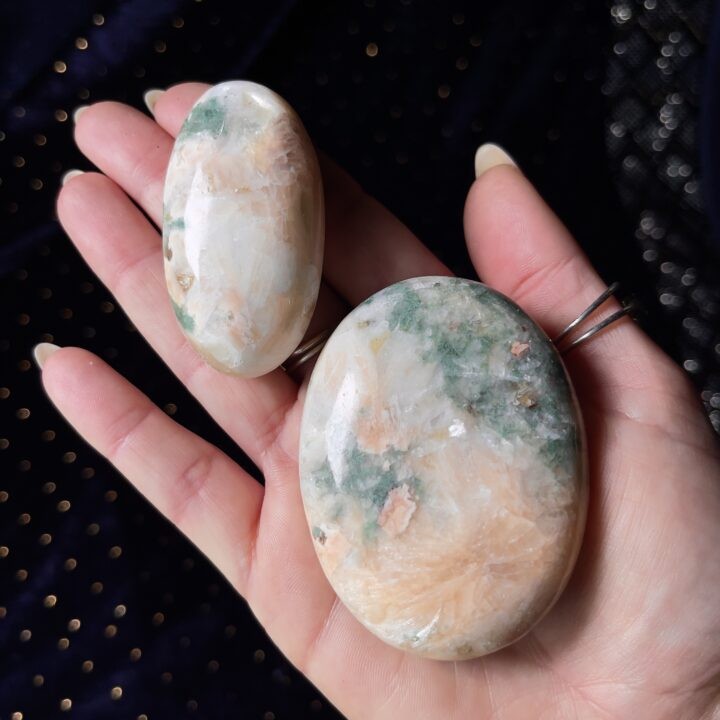 Gemstone Sale: Peach Stilbite & Moss Agate Palm Stone