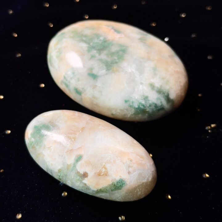 Gemstone Sale: Peach Stilbite & Moss Agate Palm Stone