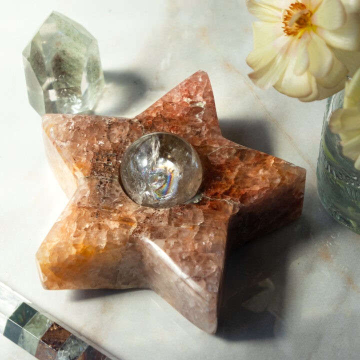 Smoky Quartz Sphere with Sunset Quartz Star Sphere Stand