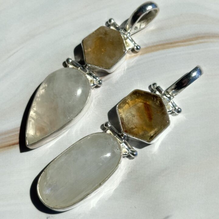 Gemstone Sale: Rainbow Moonstone with Heated Trapiche Citrine Pendant