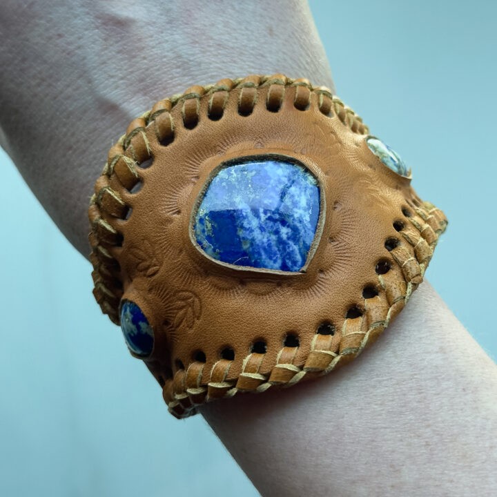 Gemstone Sale: Brown Leather Cuff with Lapis Lazuli