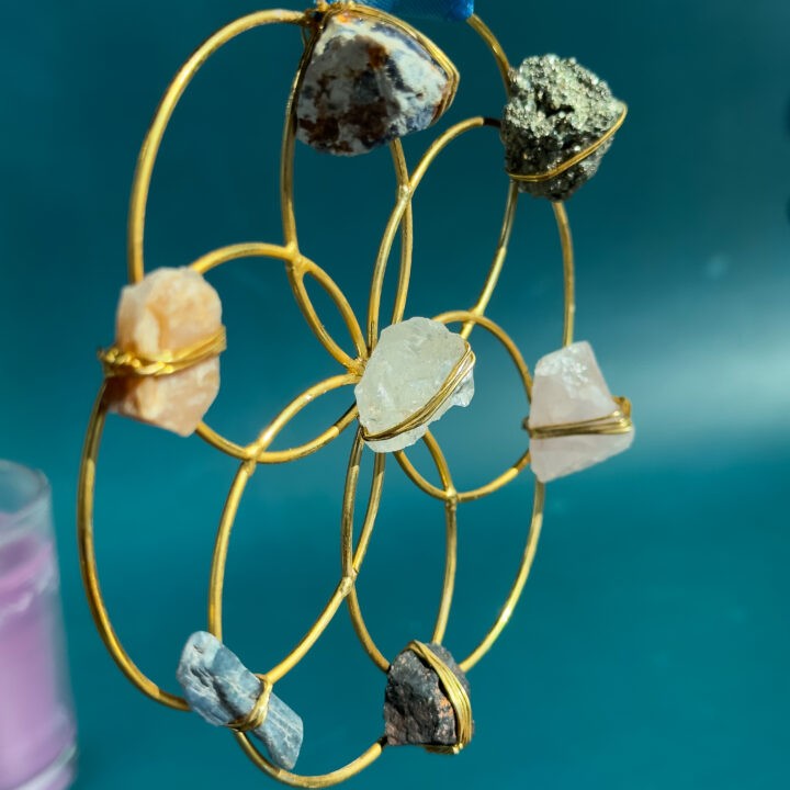 Brass & Wire-Wrapped Crystals Flower of Life Wall Hanging