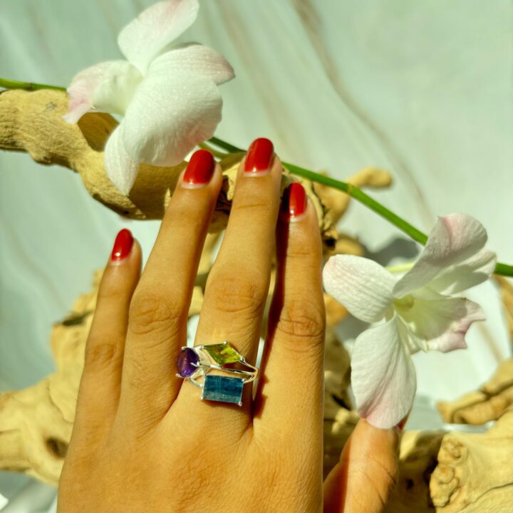 Blue Kyanite, Amethyst & Peridot Ring