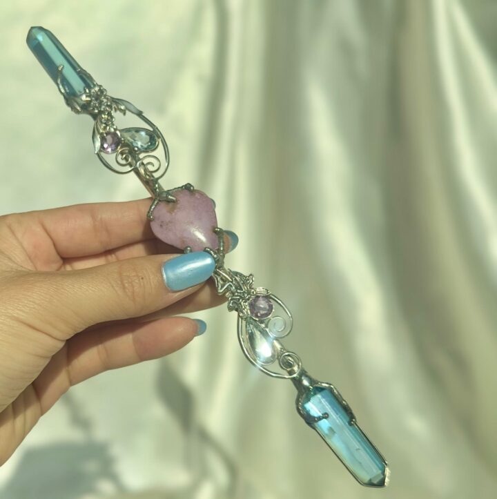 Floral Faerie Wand with Blue Aura Quartz, Blue Topaz, Amethyst & Phosphosiderite