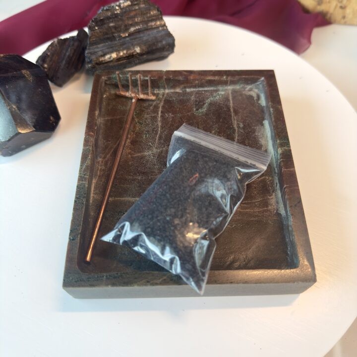 Almandine Garnet Zen Garden Set with Copper Rake & Black Lava Salt