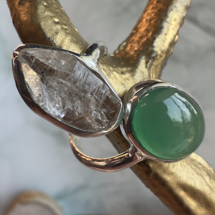 Green Onyx and Herkimer Diamond Bypass Ring