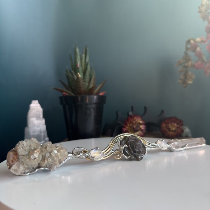 Tangerine Quartz, Rainbow Moonstone, Labradorite & White Aragonite Wand