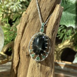 Black Star Diopside & Emerald Pendant