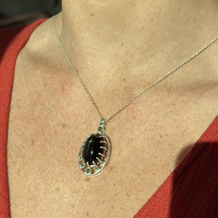 Black Star Diopside & Emerald Pendant