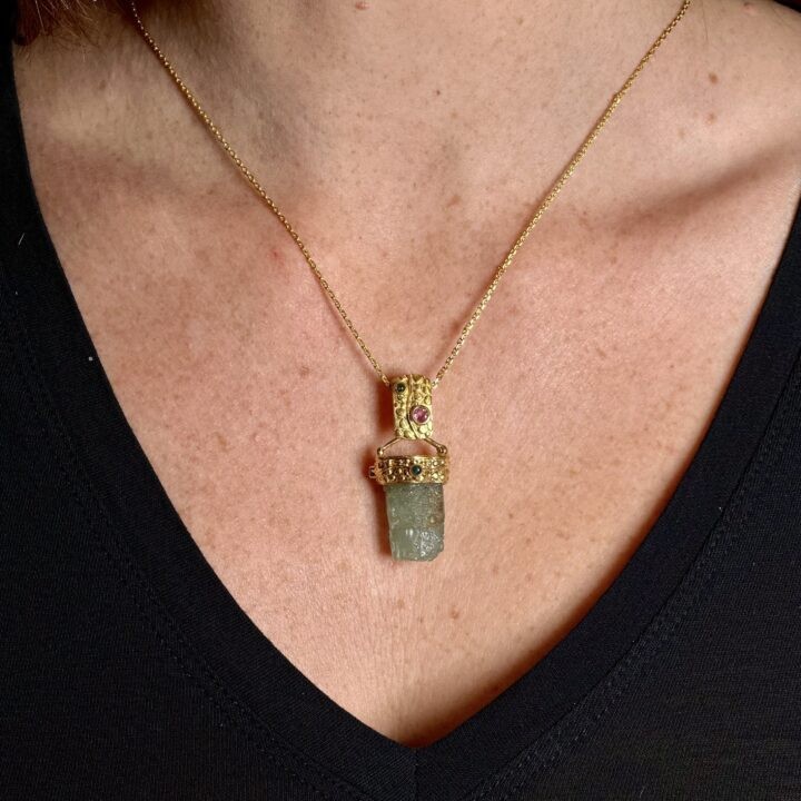 Etched Aquamarine with Tourmaline and Garnet Pendant