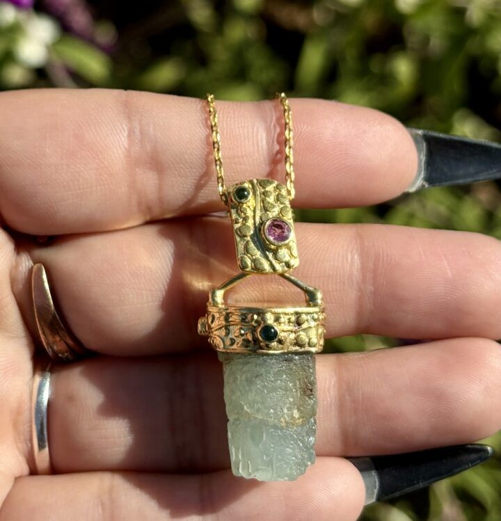 Etched Aquamarine with Tourmaline and Garnet Pendant