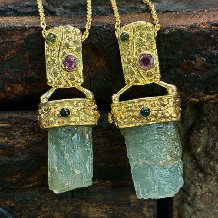 Etched Aquamarine with Tourmaline and Garnet Pendant